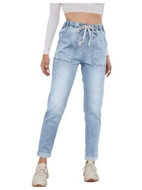 High Waisted Pull-On Jeans Drawstring Elastic Waist Denim Joggers Pants